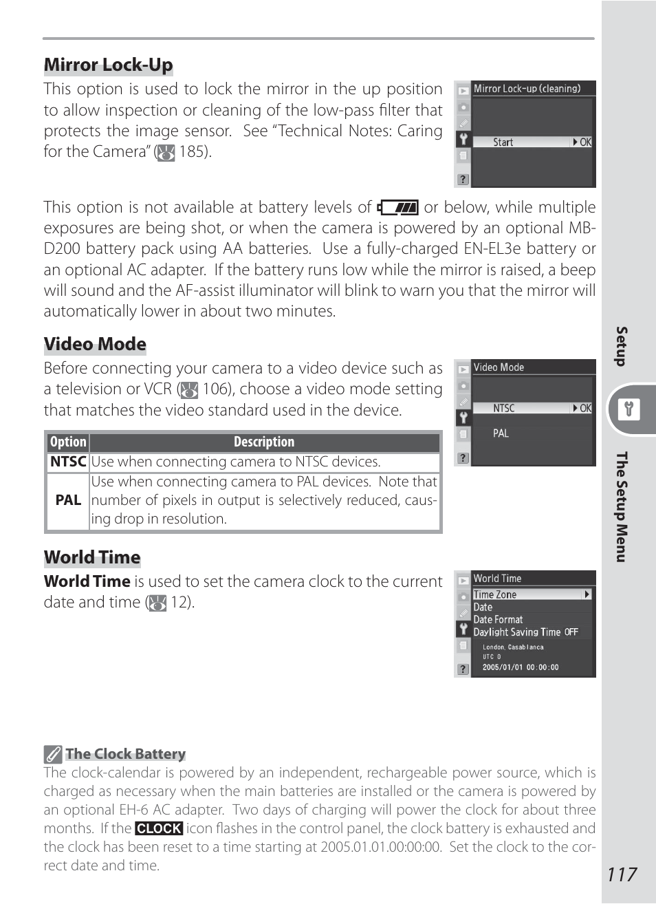 Mirror lock-up, Video mode, World time | Nikon D200 User Manual | Page 127 / 221