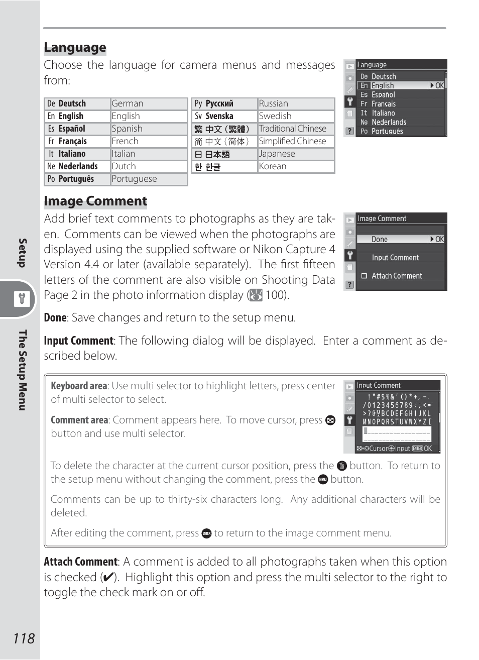 Language, Image comment | Nikon D200 User Manual | Page 128 / 221