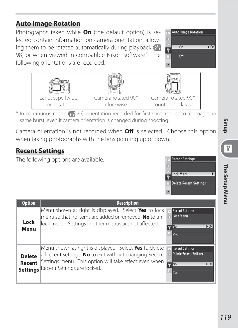 Auto image rotation, Recent settings | Nikon D200 User Manual | Page 129 / 221