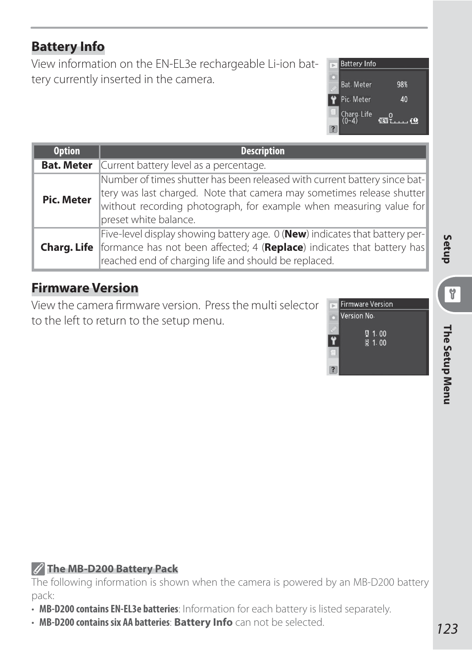 Battery info, Firmware version | Nikon D200 User Manual | Page 133 / 221