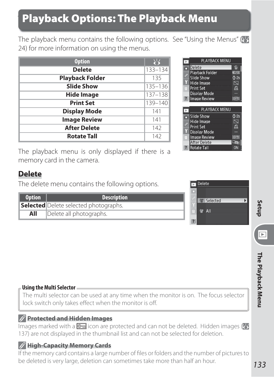 Playback options: the playback menu, Delete | Nikon D200 User Manual | Page 143 / 221