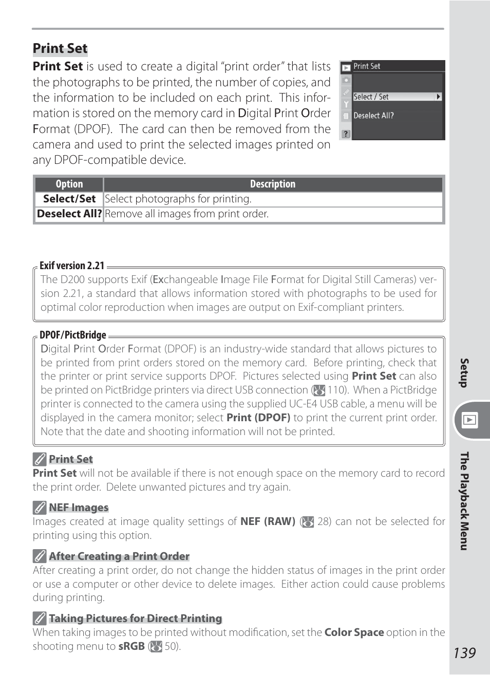 Print set | Nikon D200 User Manual | Page 149 / 221
