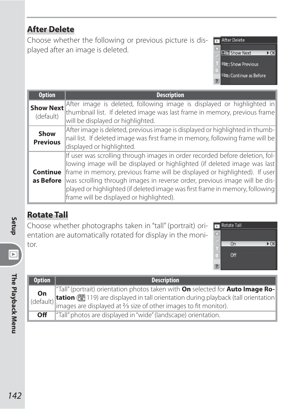 After delete, Rotate tall | Nikon D200 User Manual | Page 152 / 221