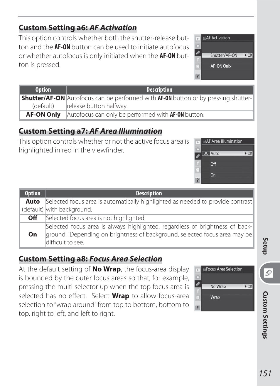 Custom setting a6: af activation, Custom setting a7: af area illumination, Custom setting a8: focus area selection | Nikon D200 User Manual | Page 161 / 221