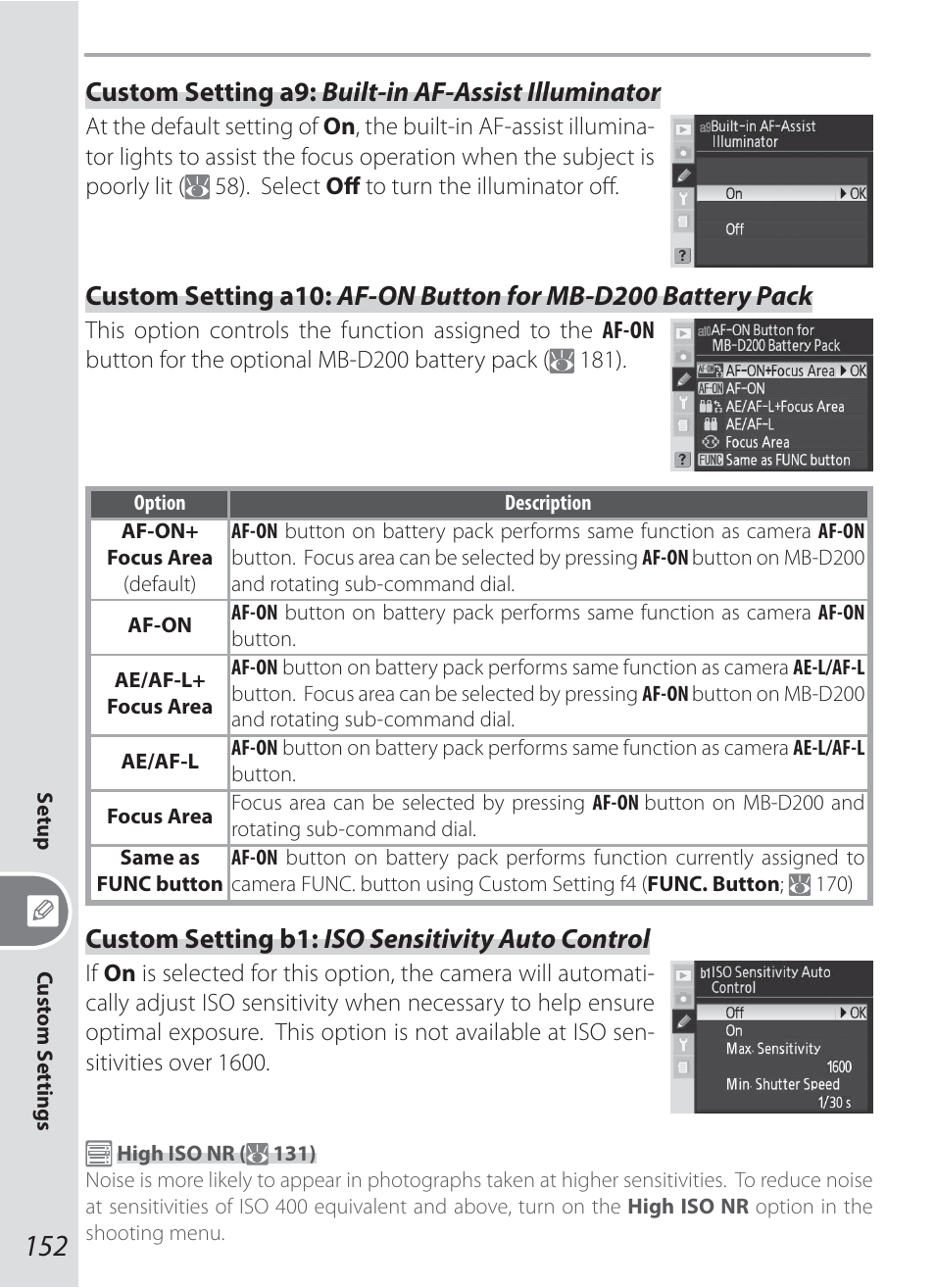 Custom setting b1: iso sensitivity auto control, Custom setting a9: built-in af-assist illuminator | Nikon D200 User Manual | Page 162 / 221