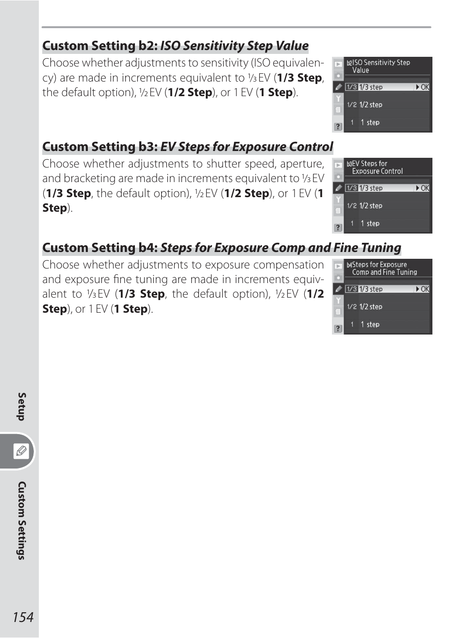 Custom setting b2: iso sensitivity step value, Custom setting b3: ev steps for exposure control | Nikon D200 User Manual | Page 164 / 221