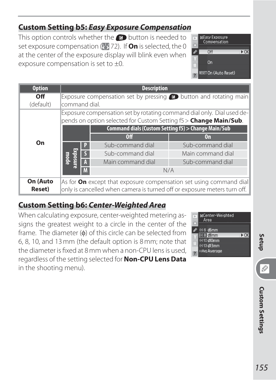 Custom setting b5: easy exposure compensation, Custom setting b6: center-weighted area | Nikon D200 User Manual | Page 165 / 221