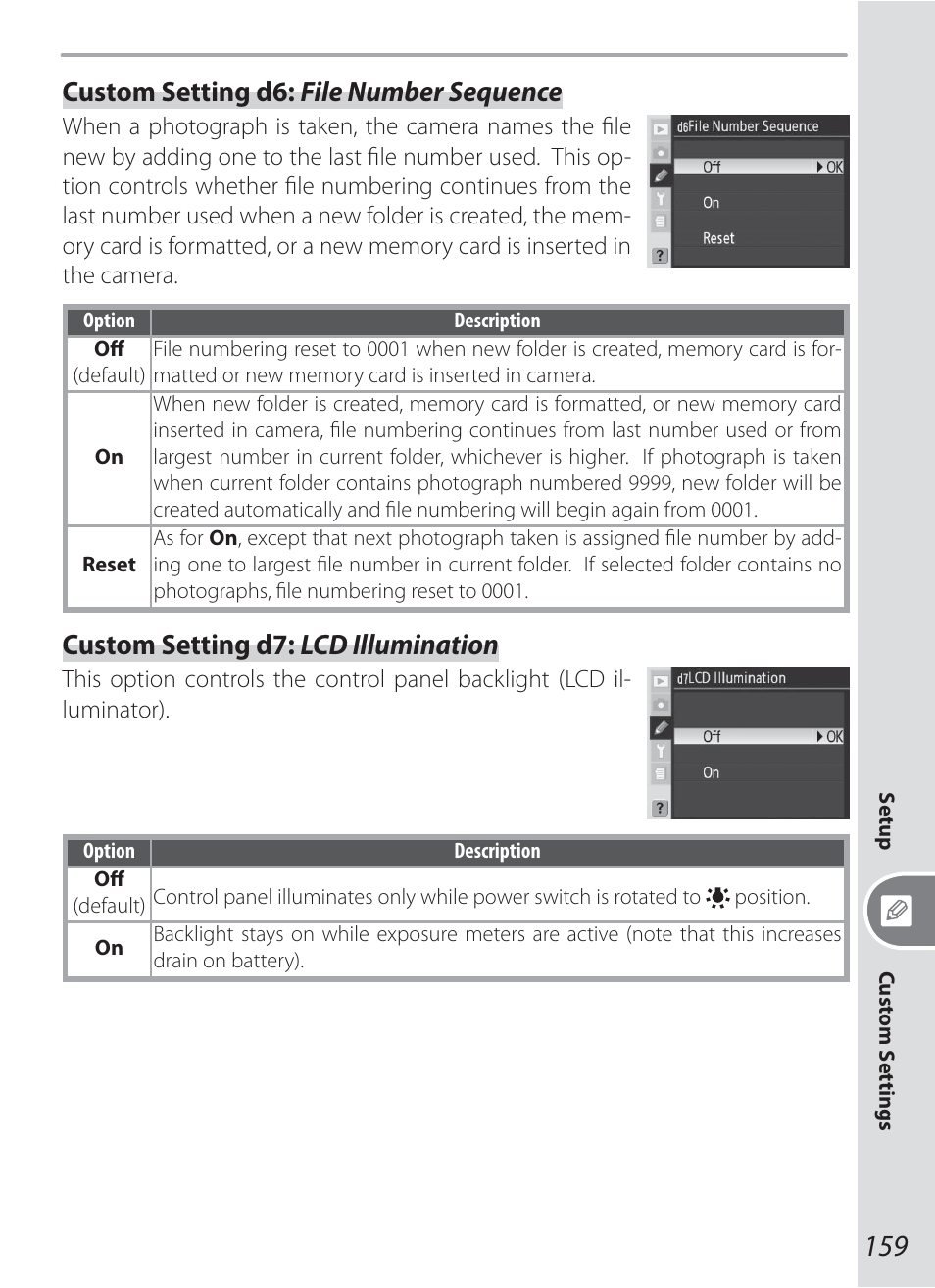 Custom setting d6: file number sequence, Custom setting d7: lcd illumination | Nikon D200 User Manual | Page 169 / 221