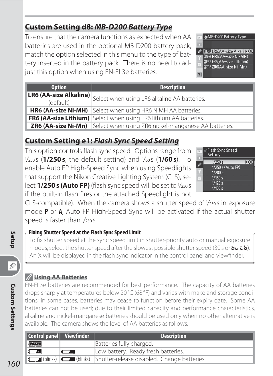 Custom setting d8: mb-d200 battery type, Custom setting e1: flash sync speed setting | Nikon D200 User Manual | Page 170 / 221