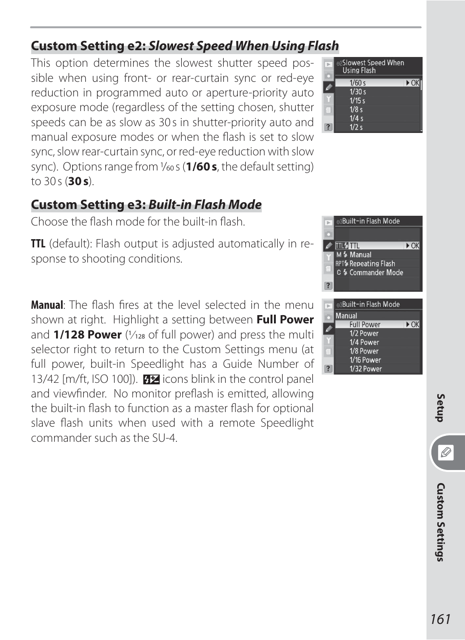 Custom setting e2: slowest speed when using flash, Custom setting e3: built-in flash mode | Nikon D200 User Manual | Page 171 / 221