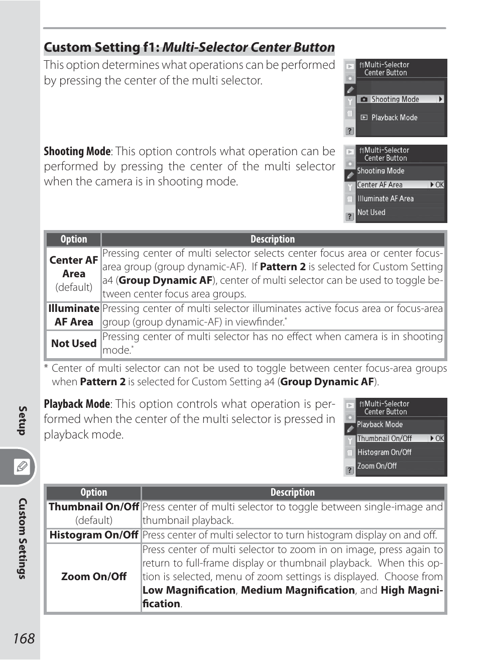 Custom setting f1: multi-selector center button | Nikon D200 User Manual | Page 178 / 221