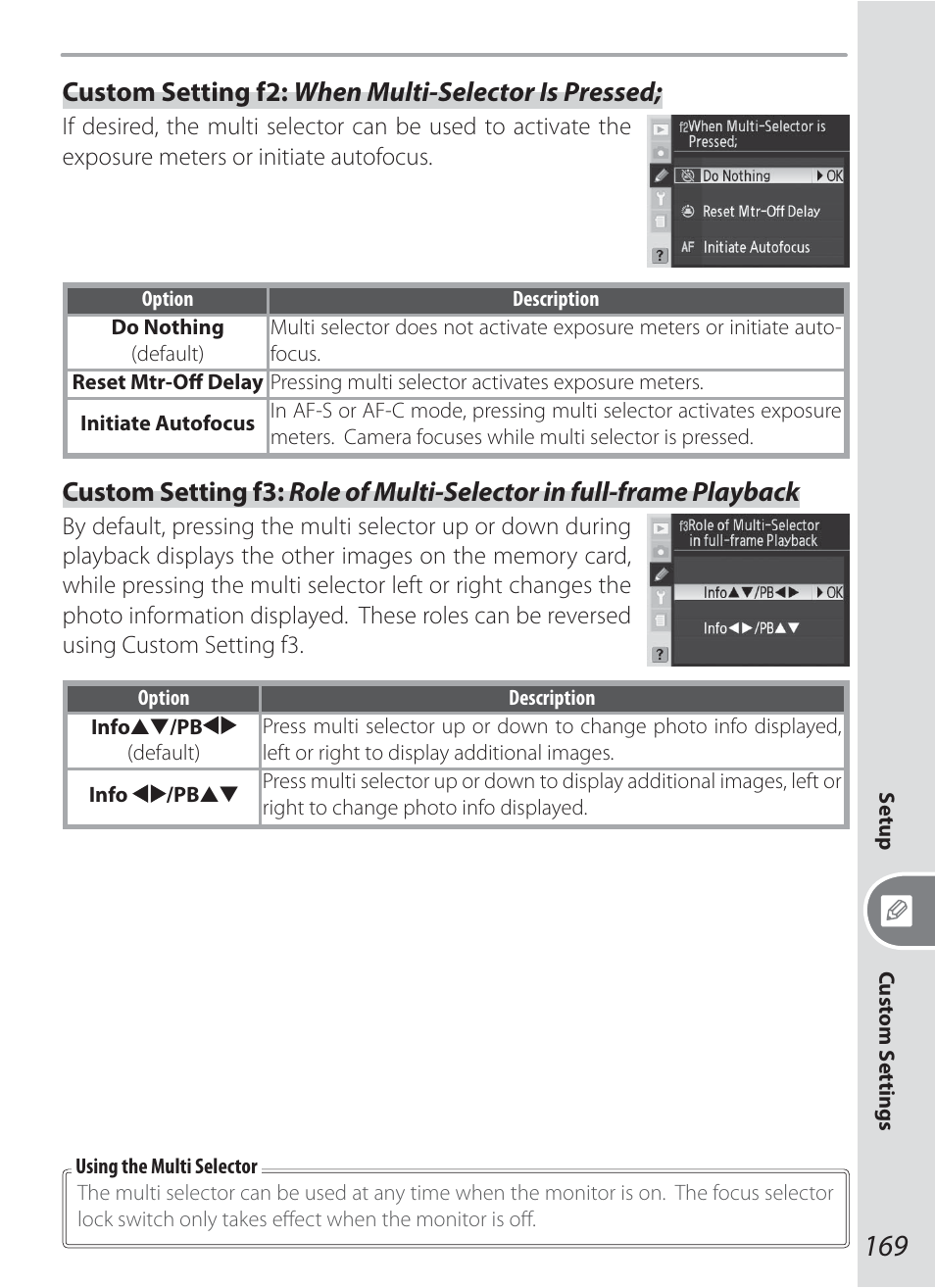 Custom setting f2: when multi-selector is pressed | Nikon D200 User Manual | Page 179 / 221