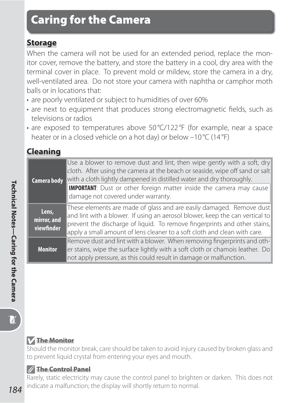 Caring for the camera, Storage, Cleaning | Nikon D200 User Manual | Page 194 / 221