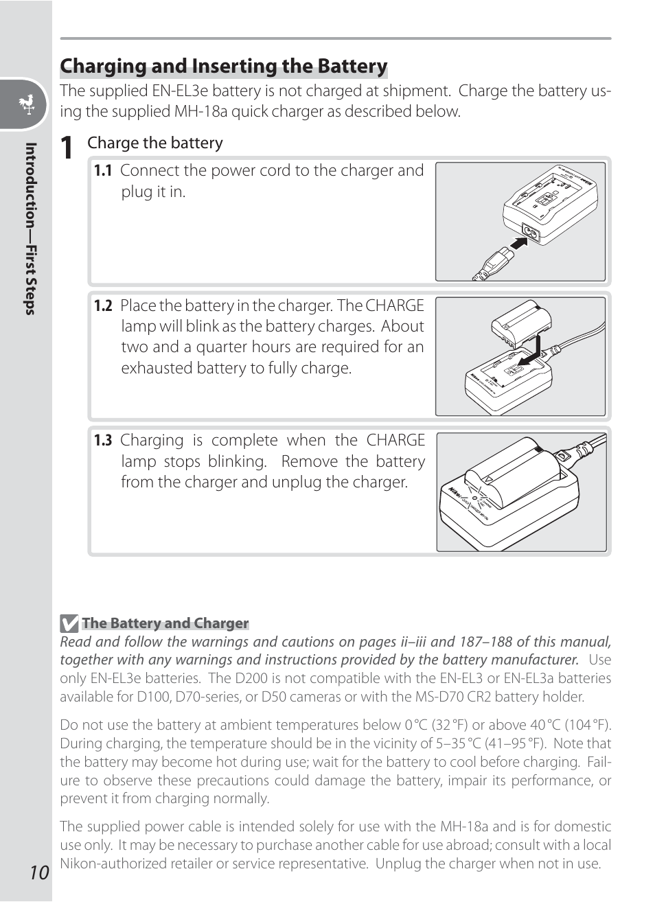 Charging and inserting the battery | Nikon D200 User Manual | Page 20 / 221