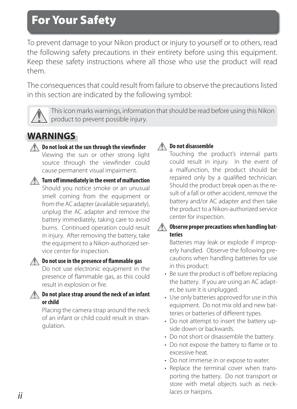 For your safety, Warnings | Nikon D200 User Manual | Page 4 / 221