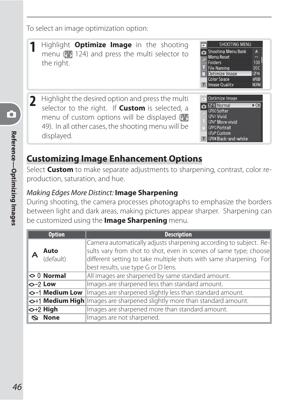 Customizing image enhancement options | Nikon D200 User Manual | Page 56 / 221