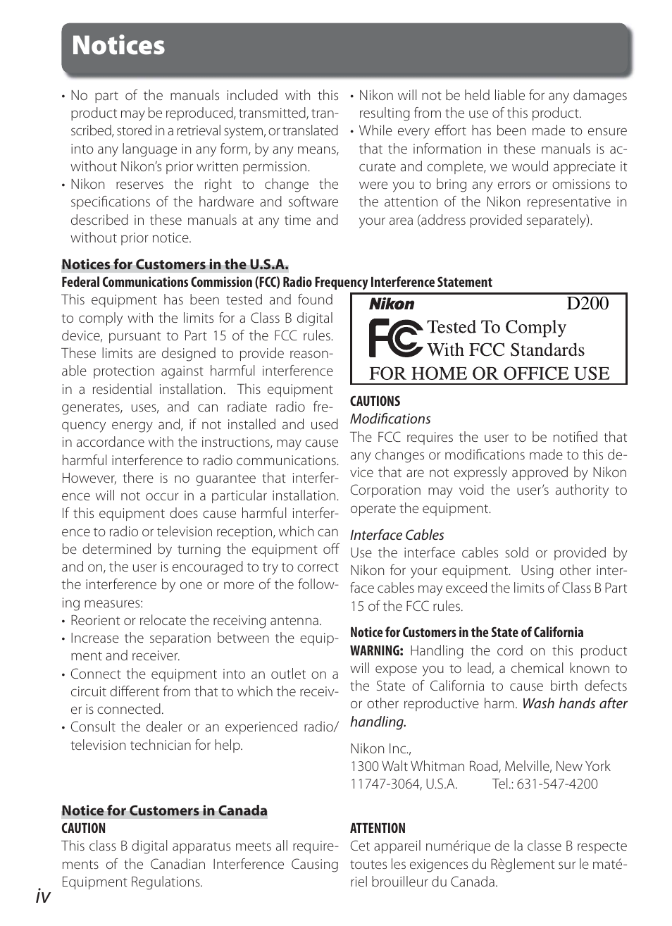 Notices, D200 | Nikon D200 User Manual | Page 6 / 221