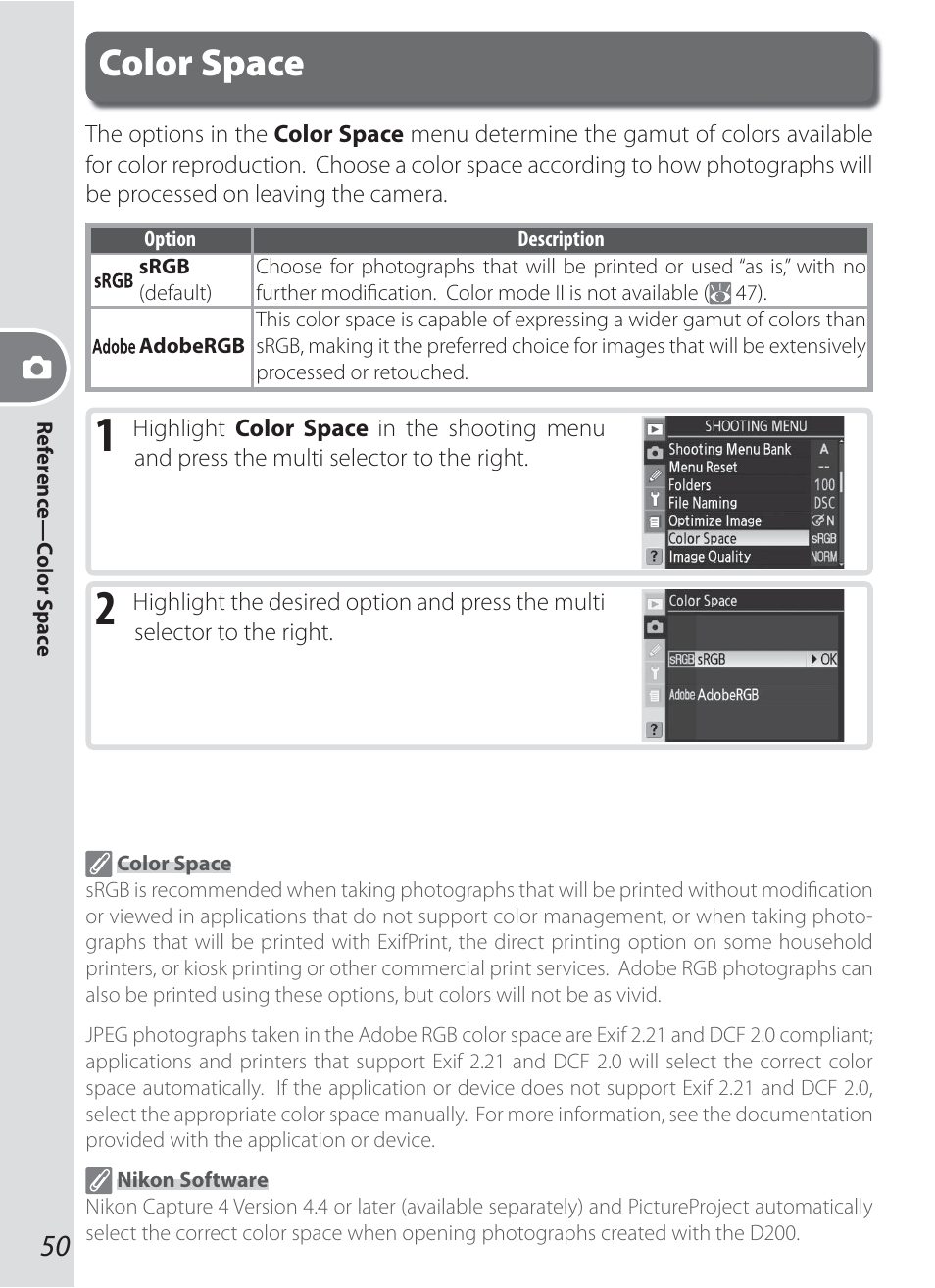 Color space | Nikon D200 User Manual | Page 60 / 221