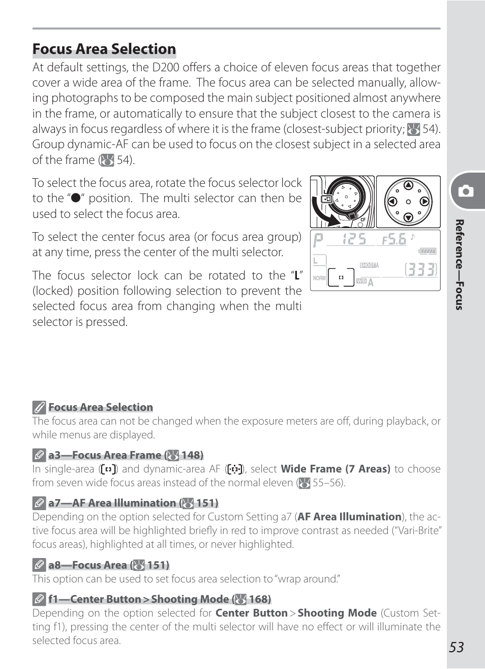 Focus area selection | Nikon D200 User Manual | Page 63 / 221