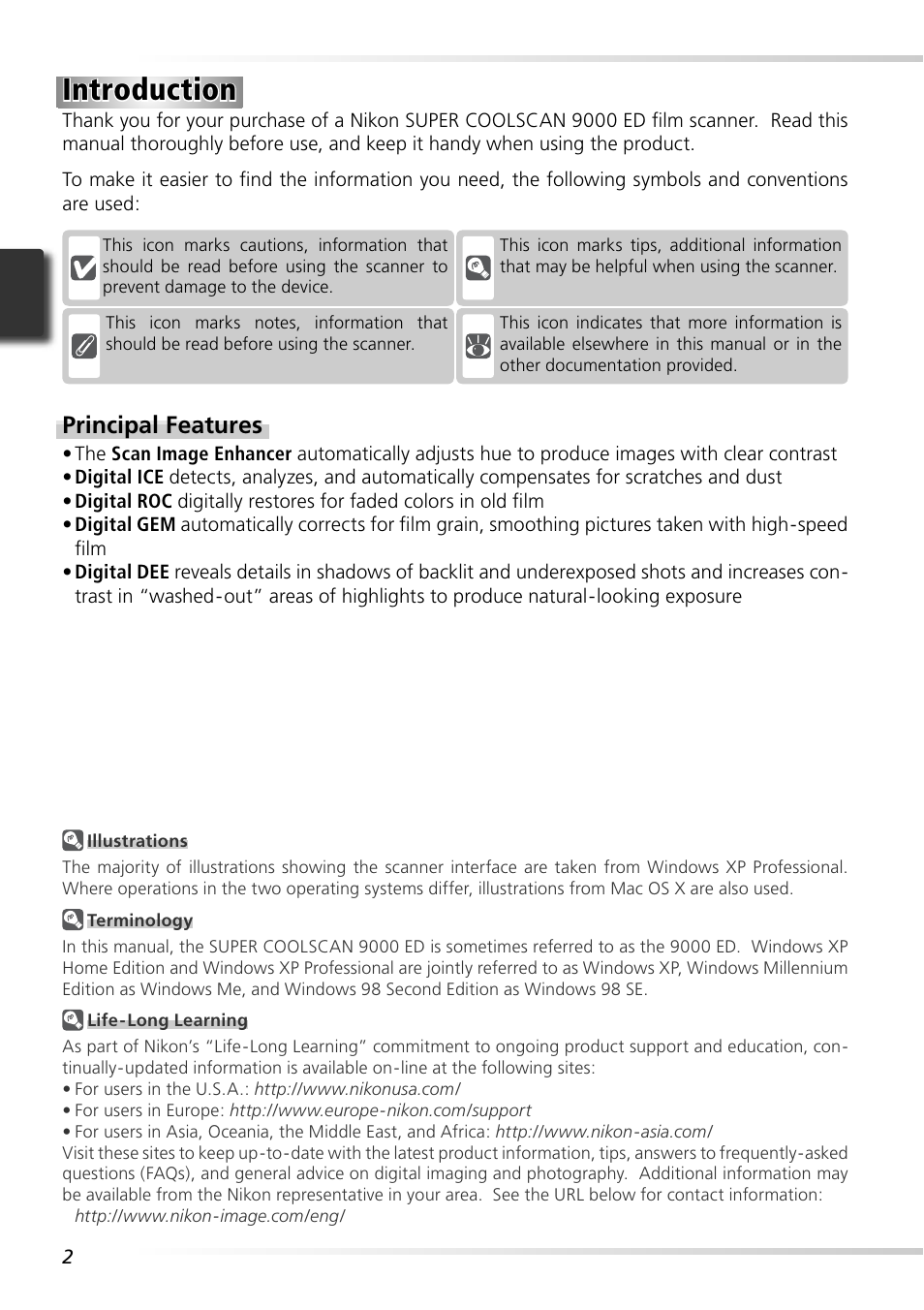 Introduction, Principal features | Nikon LS-9000 User Manual | Page 11 / 89