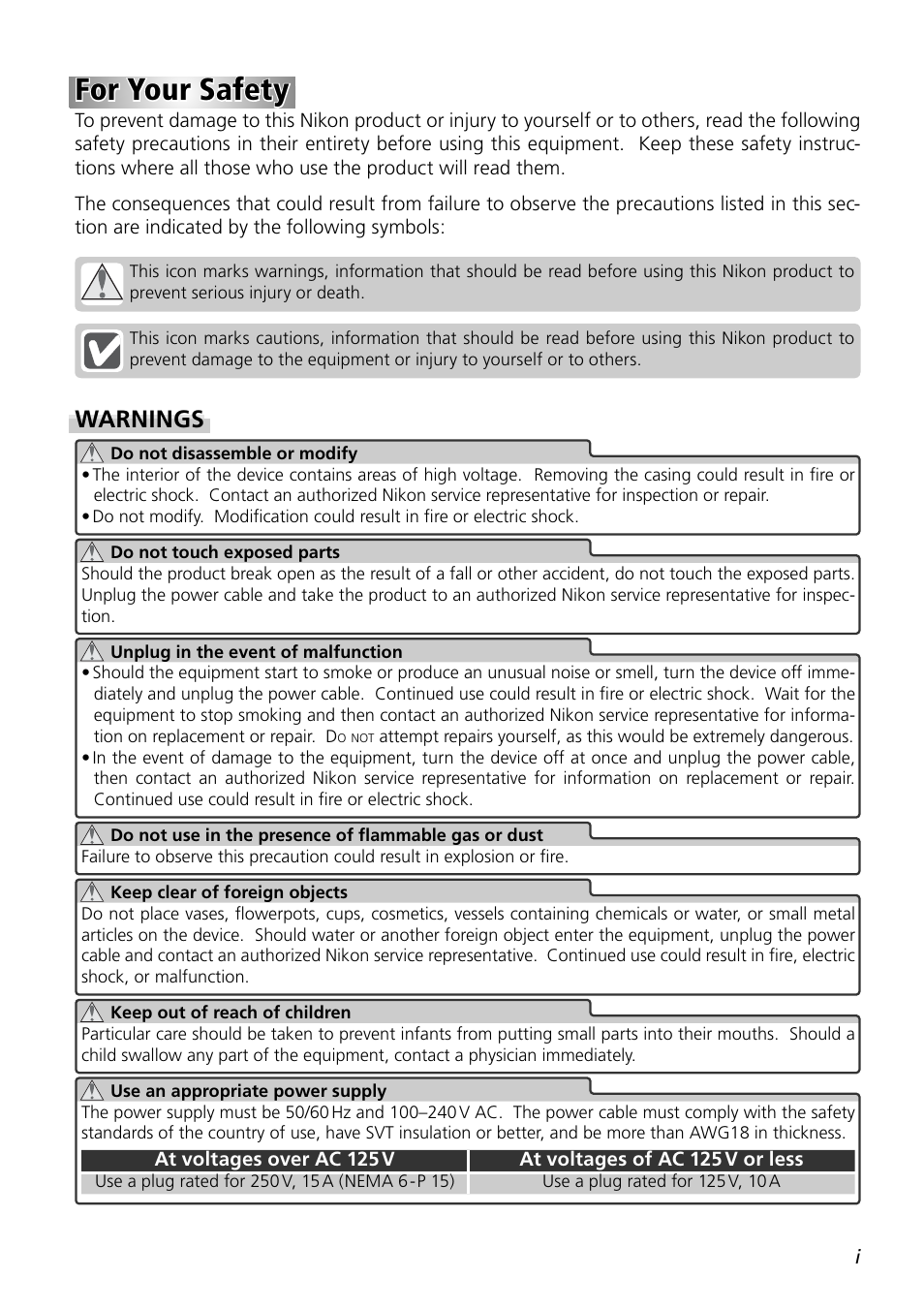 For your safety, Warnings | Nikon LS-9000 User Manual | Page 4 / 89