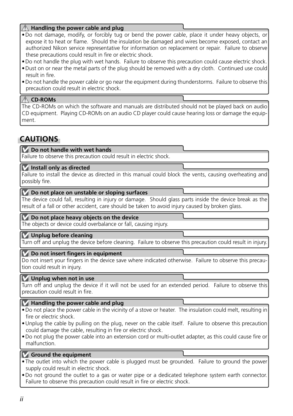 Cautions | Nikon LS-9000 User Manual | Page 5 / 89
