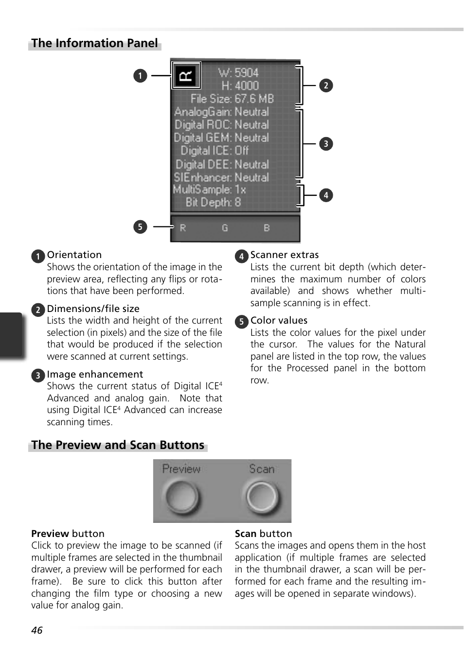 The information panel, The preview and scan buttons | Nikon LS-9000 User Manual | Page 55 / 89