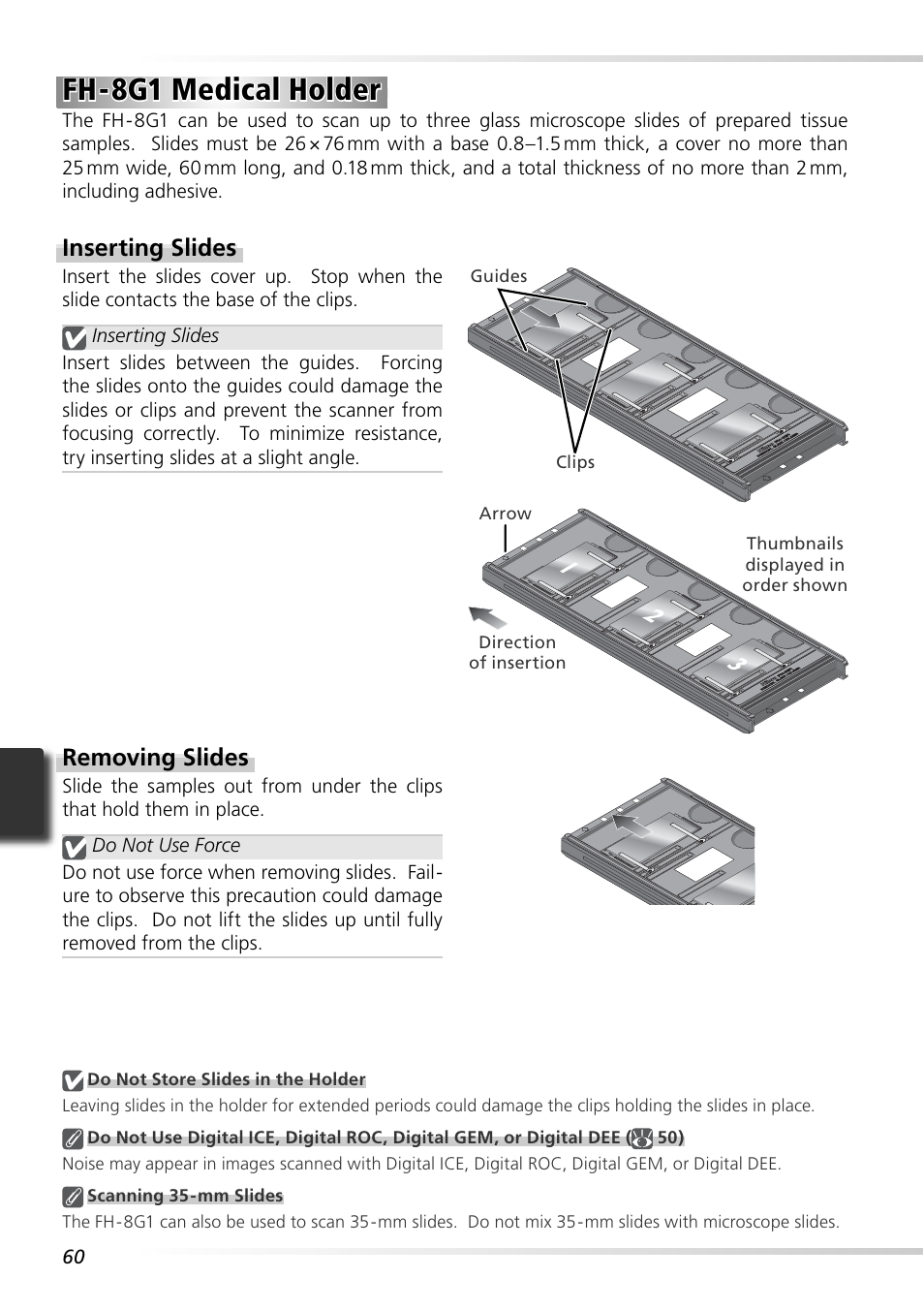 Fh-8g1 medical holder, Inserting slides, Removing slides | Nikon LS-9000 User Manual | Page 69 / 89