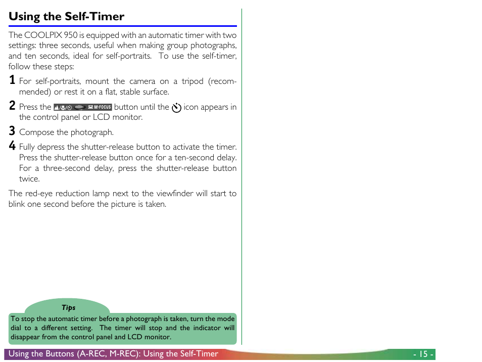 Using the self-timer | Nikon 950 User Manual | Page 15 / 57