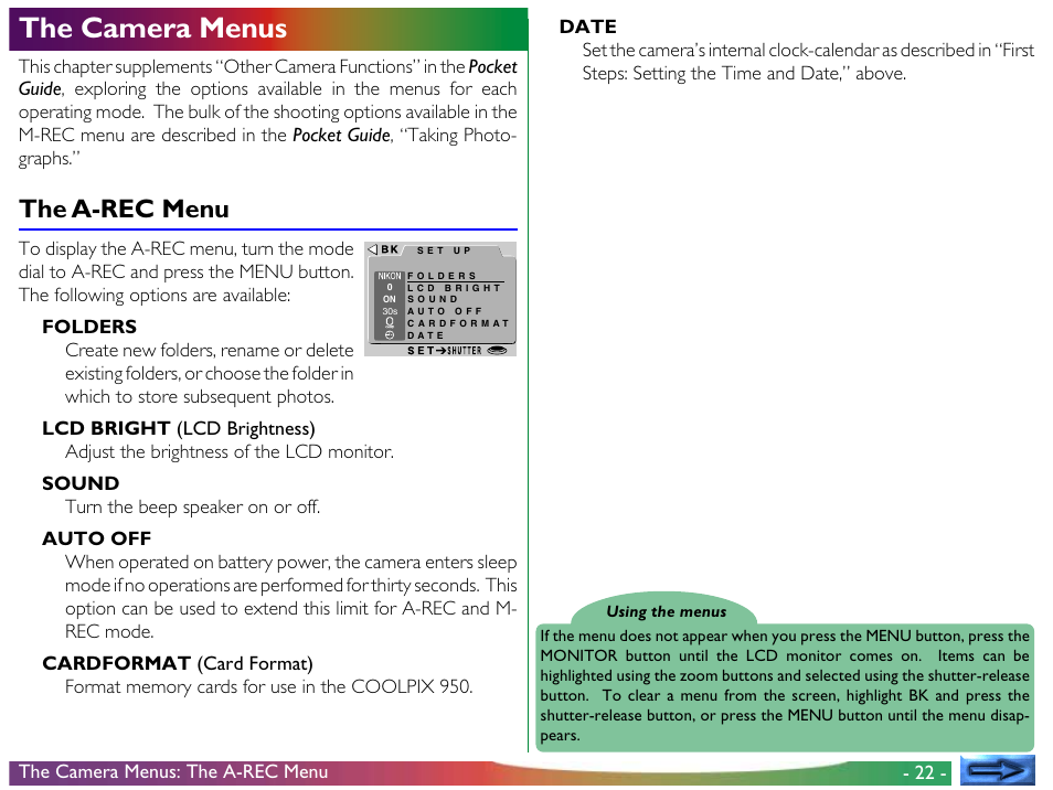 The camera menus, The a-rec menu | Nikon 950 User Manual | Page 22 / 57