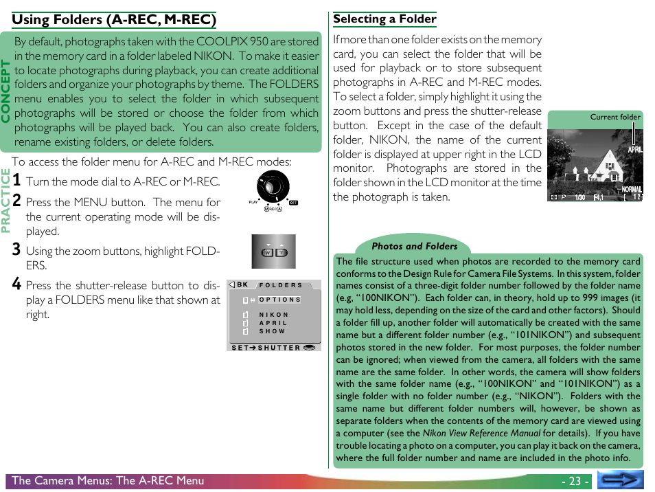 Using folders (a-rec, m-rec) | Nikon 950 User Manual | Page 23 / 57