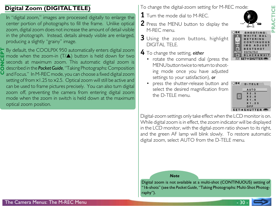 Digital zoom (digital tele) | Nikon 950 User Manual | Page 30 / 57