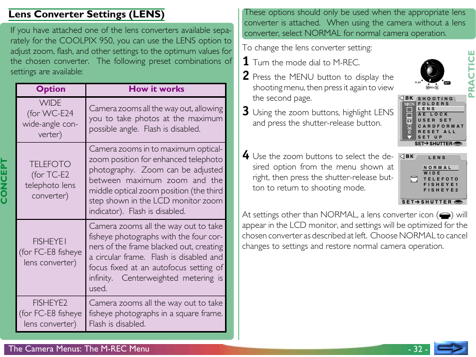 Lens converter settings (lens) | Nikon 950 User Manual | Page 32 / 57