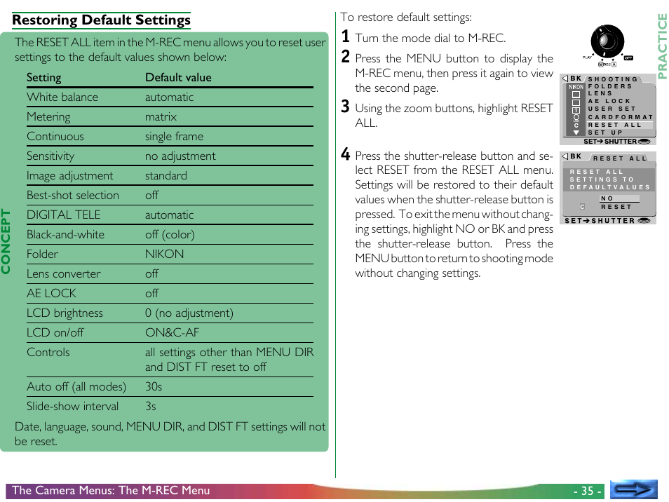Restoring default settings | Nikon 950 User Manual | Page 35 / 57