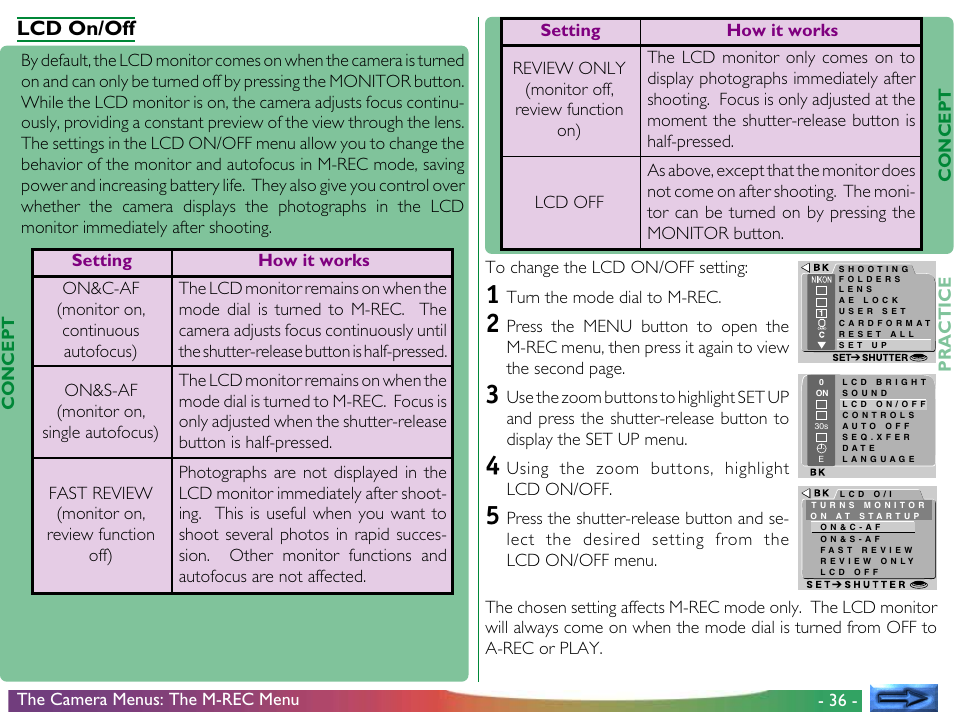 Lcd on/off | Nikon 950 User Manual | Page 36 / 57