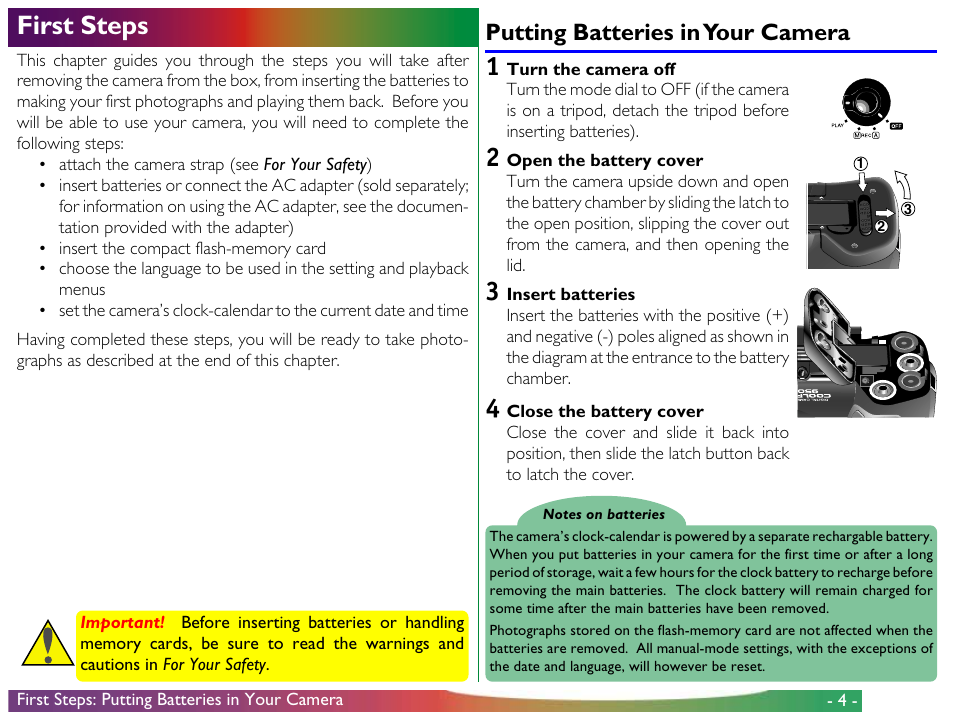 First steps, Putting batteries in your camera | Nikon 950 User Manual | Page 4 / 57