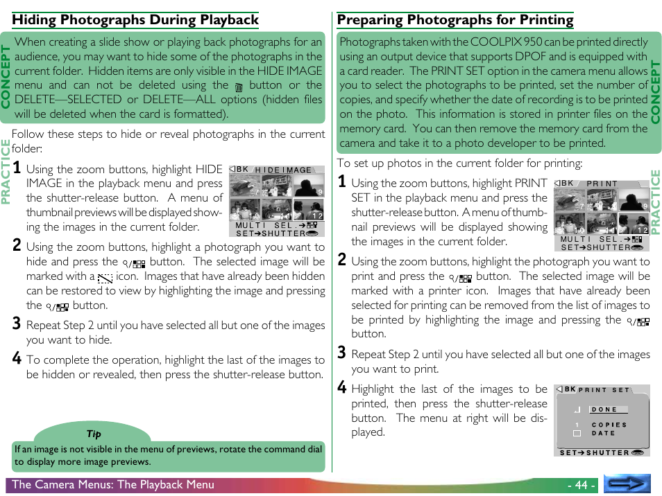 Hiding photographs during playback, Preparing photographs for printing | Nikon 950 User Manual | Page 44 / 57