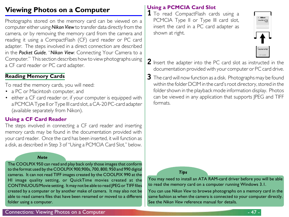 Viewing photos on a computer | Nikon 950 User Manual | Page 47 / 57