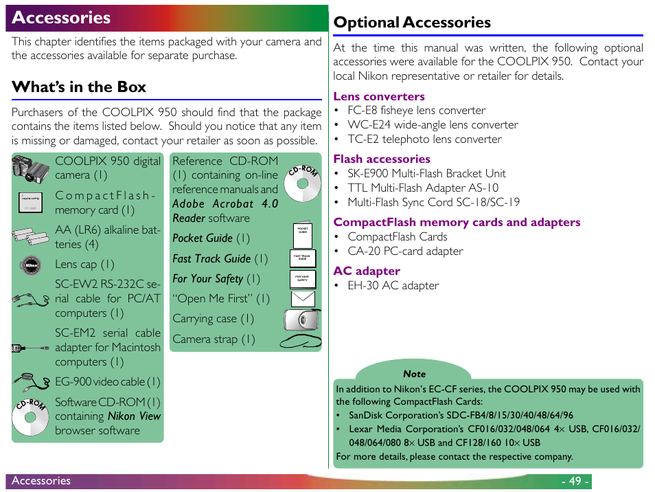 Accessories, What’s in the box, Optional accessories | What’s in the box optional accessories | Nikon 950 User Manual | Page 49 / 57