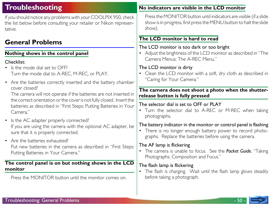 Troubleshooting, General problems | Nikon 950 User Manual | Page 50 / 57