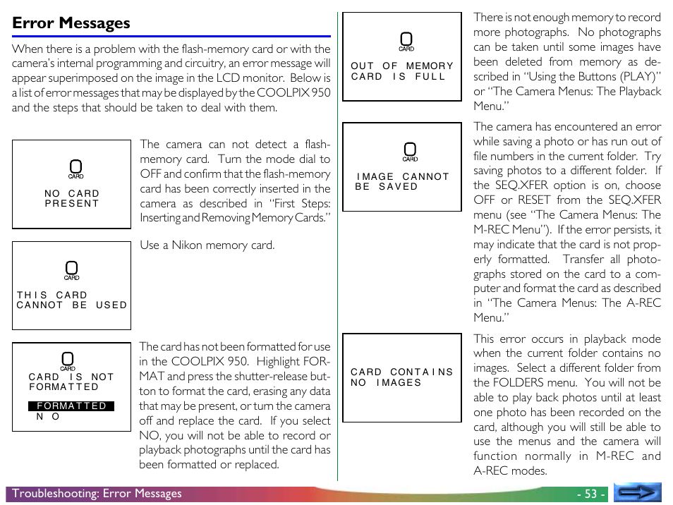 Error messages | Nikon 950 User Manual | Page 53 / 57