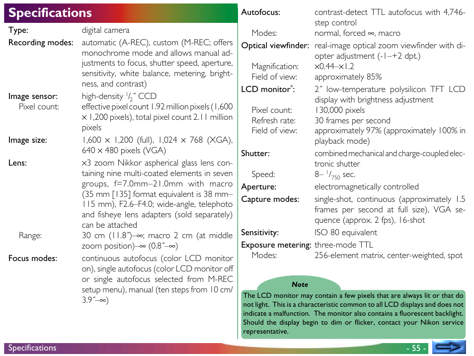 Specifications | Nikon 950 User Manual | Page 55 / 57