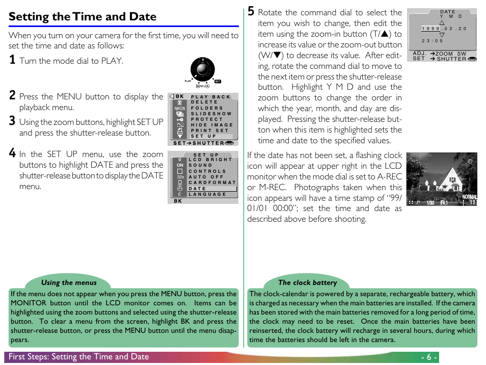 Setting the time and date, Turn the mode dial to play, First steps: setting the time and date | Press the menu button to display the playback menu | Nikon 950 User Manual | Page 6 / 57