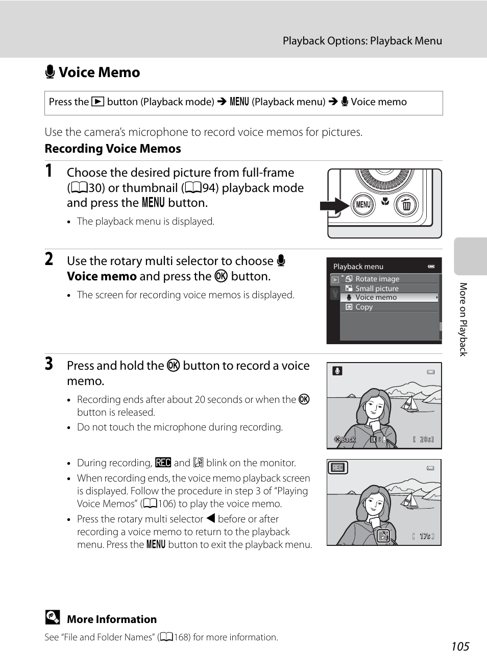 Voice memo, E voice memo, A105 | Nikon P300 User Manual | Page 117 / 200