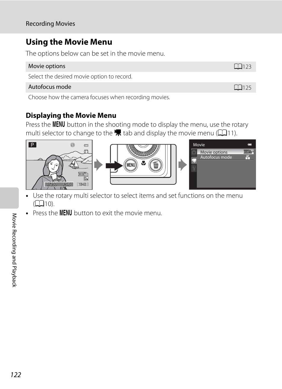 Using the movie menu, A122, A122) | Displaying the movie menu | Nikon P300 User Manual | Page 134 / 200