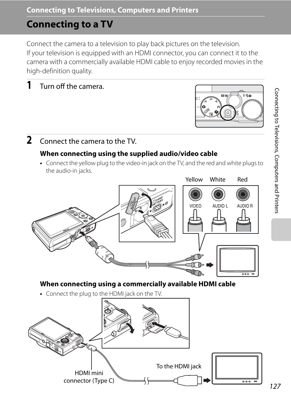 Connecting to televisions, computers and printers, Connecting to a tv | Nikon P300 User Manual | Page 139 / 200