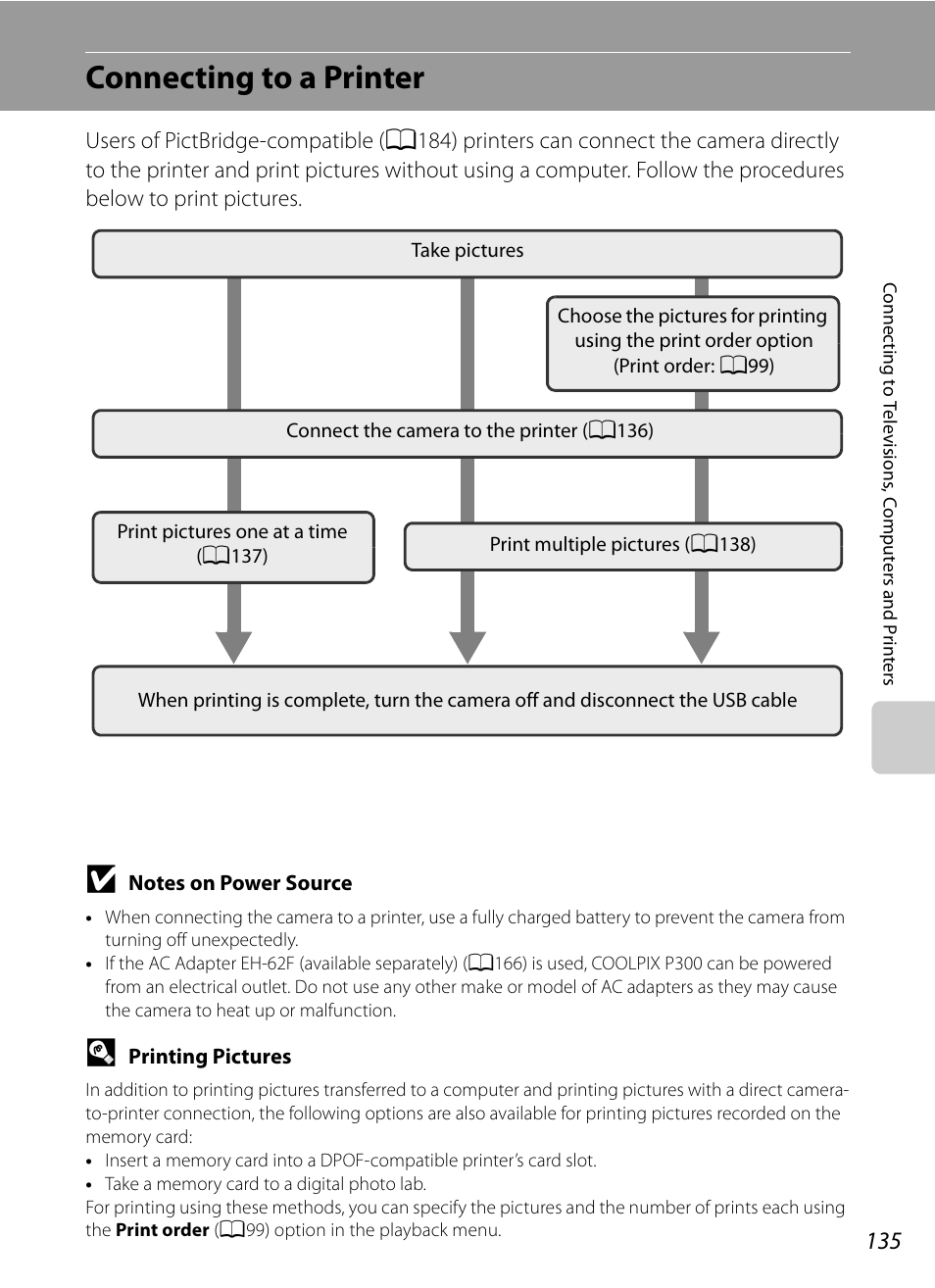 Connecting to a printer, A135) | Nikon P300 User Manual | Page 147 / 200