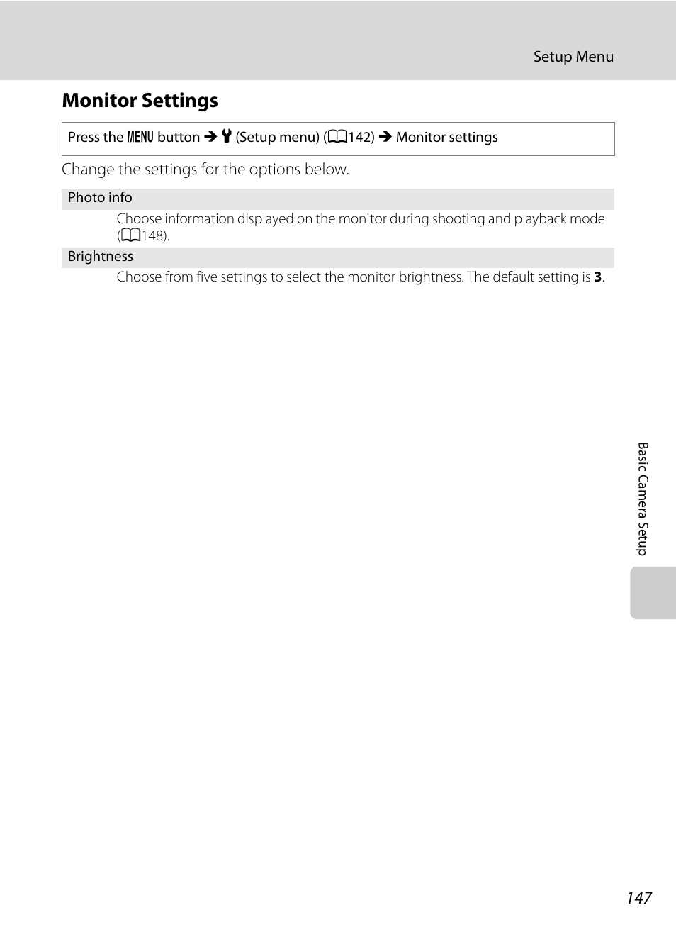 Monitor settings, A147), A147) in | A147 | Nikon P300 User Manual | Page 159 / 200