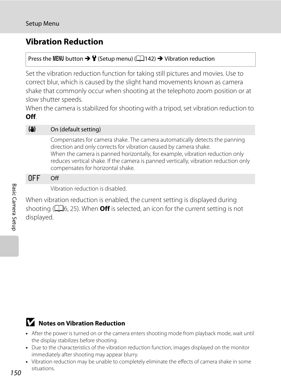 Vibration reduction, A150) or, A150) to | A150) is automati, A150) is automatica, A150) t, A150) is enabled, A150) is ena, A150 | Nikon P300 User Manual | Page 162 / 200