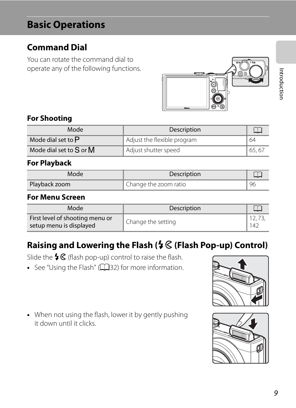 Basic operations, Command dial, Command dial raising and lowering the flash | K (flash pop-up) control) | Nikon P300 User Manual | Page 21 / 200